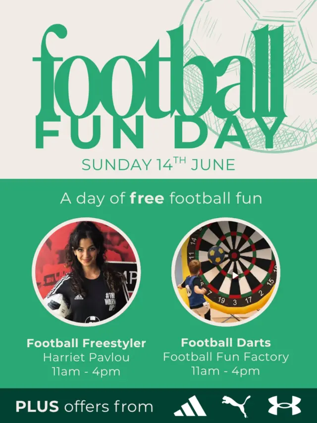 ⚽️ Football Fun Day ⚽️

To celebrate the launch of the FIFA World Cup, we’re hosting a day of FREE family football fun. 

🏆 @harrietfreestyle joins us for freestyle sessions
🎯 @_footballfunfactory are bringing their giant football dartboard
🏅Design your own kit at our kids colouring station 

PLUS pick up your favourite World Cup kits and football must-haves with @adidasuk @puma.uk and @underarmour 

🏷️
Football fun | Free family activities | Gloucestershire days out | Cotswolds Designer Outlet | Tewkesbury | World Cup