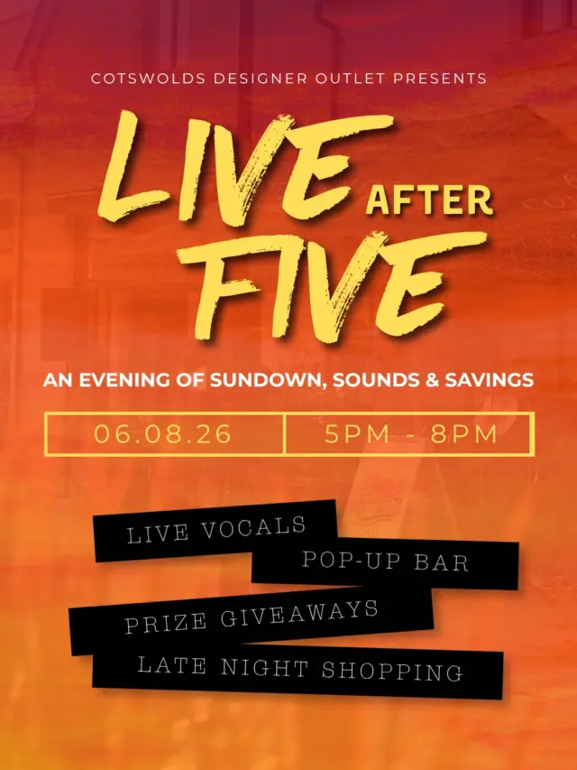 Live After Five is back on Thursday 6th August for another evening of sundown, sounds and incredible savings from 5pm ☀️

🎶 Live music and vocals from Chala Duo
🍹 Pop up bar by @thecotswoldbarcompany 
⭐️ Golden Tickets with instant win prizes 
🍜 Delicious food from @wagamama_uk @wearezizzi @fiveguysuk @knead_bakery_patisserie and more
🏝️ Free pop up beach, soft play and table tennis 
🛍️ Incredible discounts from all your favourite brands